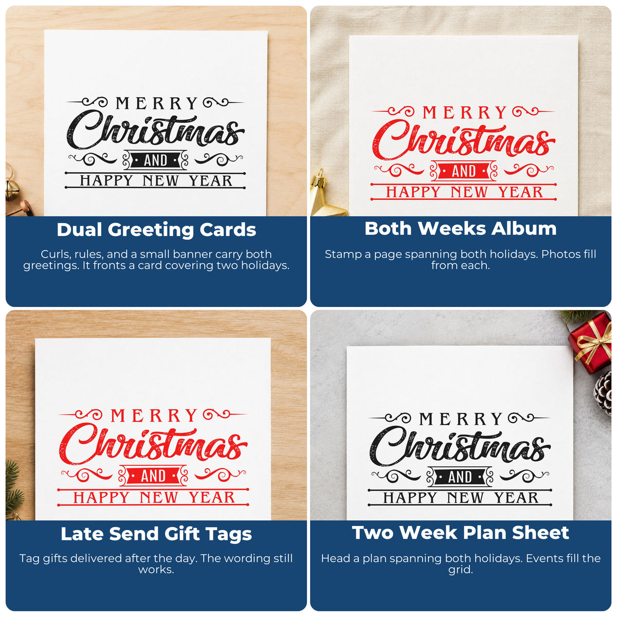 Four ways to use the Wood Handle Merry Christmas Happy New Year Rubber Stamp: dual greeting cards, both weeks album, late send gift tags and two week plan sheet.