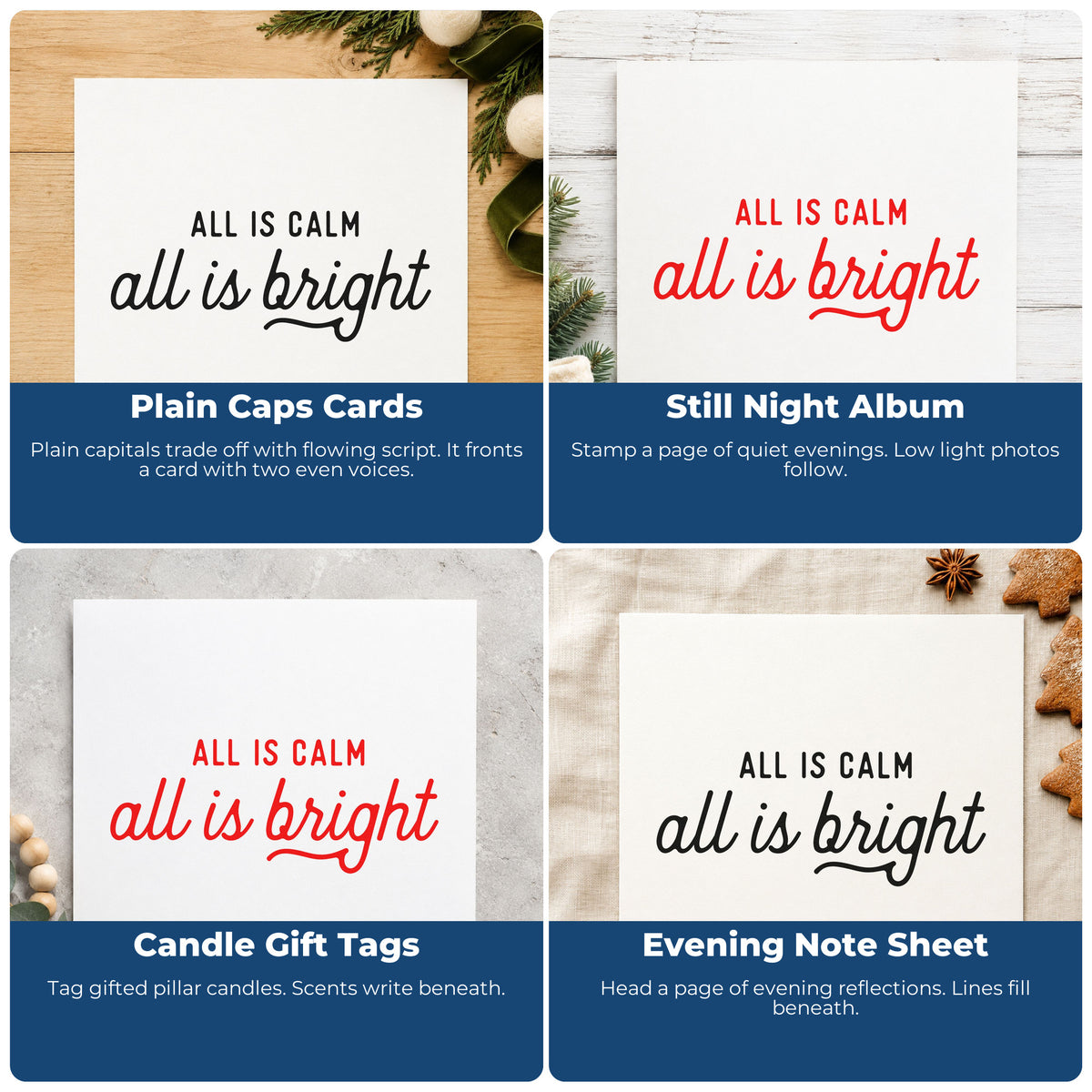 Four ways to use the All Calm All Bright Script Slim Pre-Inked Stamp: plain caps cards, still night album, candle gift tags and evening note sheet.