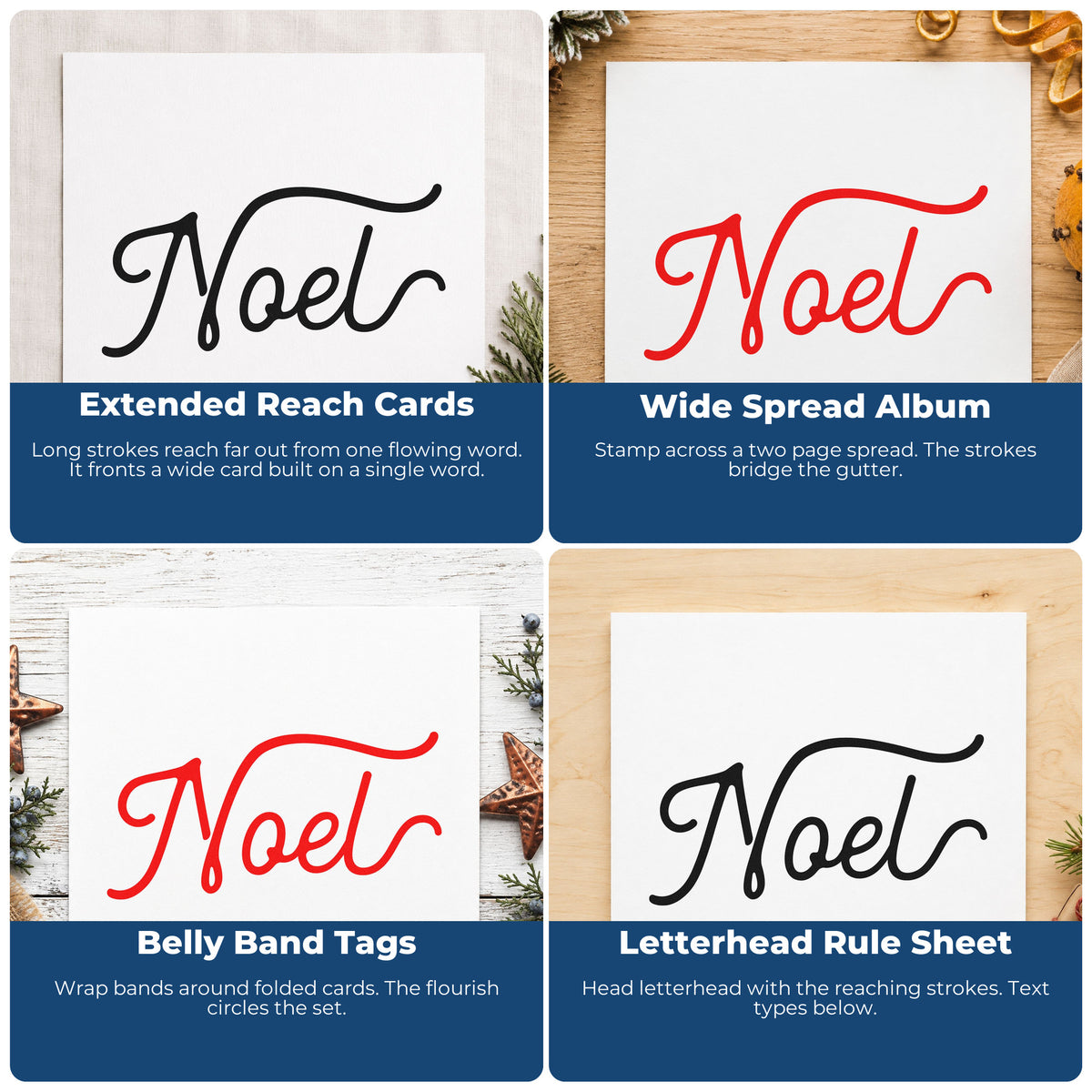 Four ways to use the Noel Flowing Script Lettering Slim Pre-Inked Stamp: extended reach cards, wide spread album, belly band tags and letterhead rule sheet.