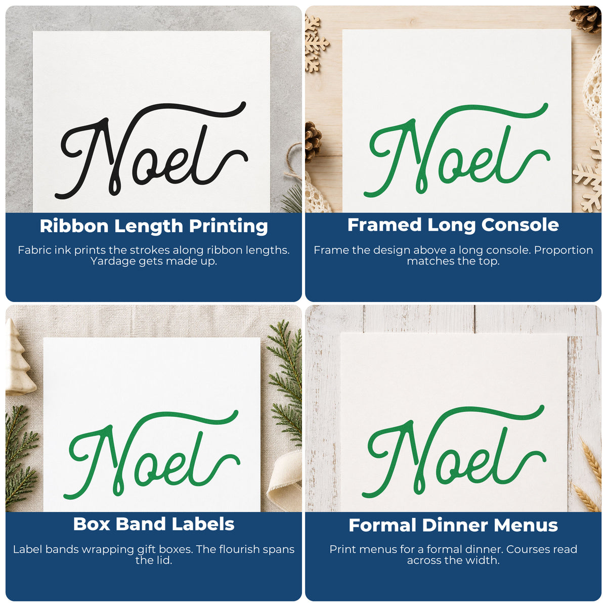 Four ways to use the Duo Hand Noel Flowing Script Lettering Rubber Stamp: ribbon length printing, framed long console, box band labels and formal dinner menus.