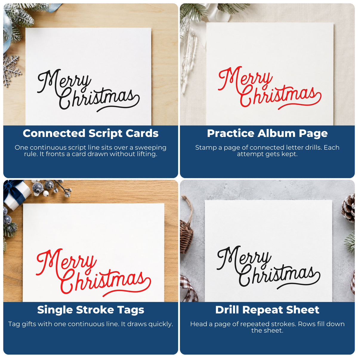 Four ways to use the Connected Christmas Script Greeting Rubber Stamp – Duo Hand: connected script cards, practice album page, single stroke tags and drill repeat sheet.