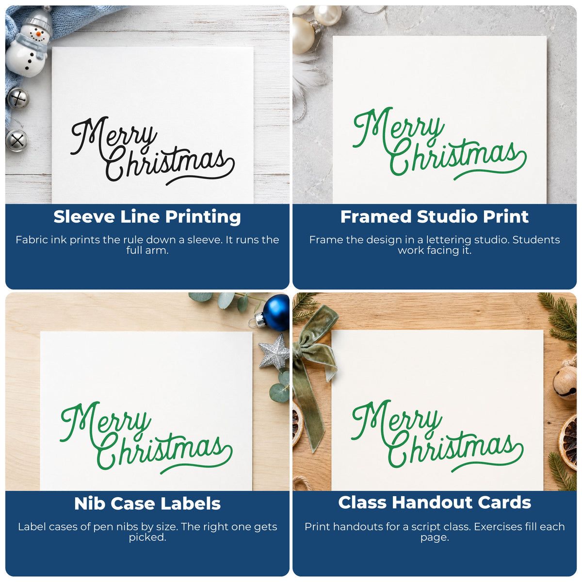 Four ways to use the Connected Christmas Script Greeting Rubber Stamp – Duo Hand: sleeve line printing, framed studio print, nib case labels and class handout cards.