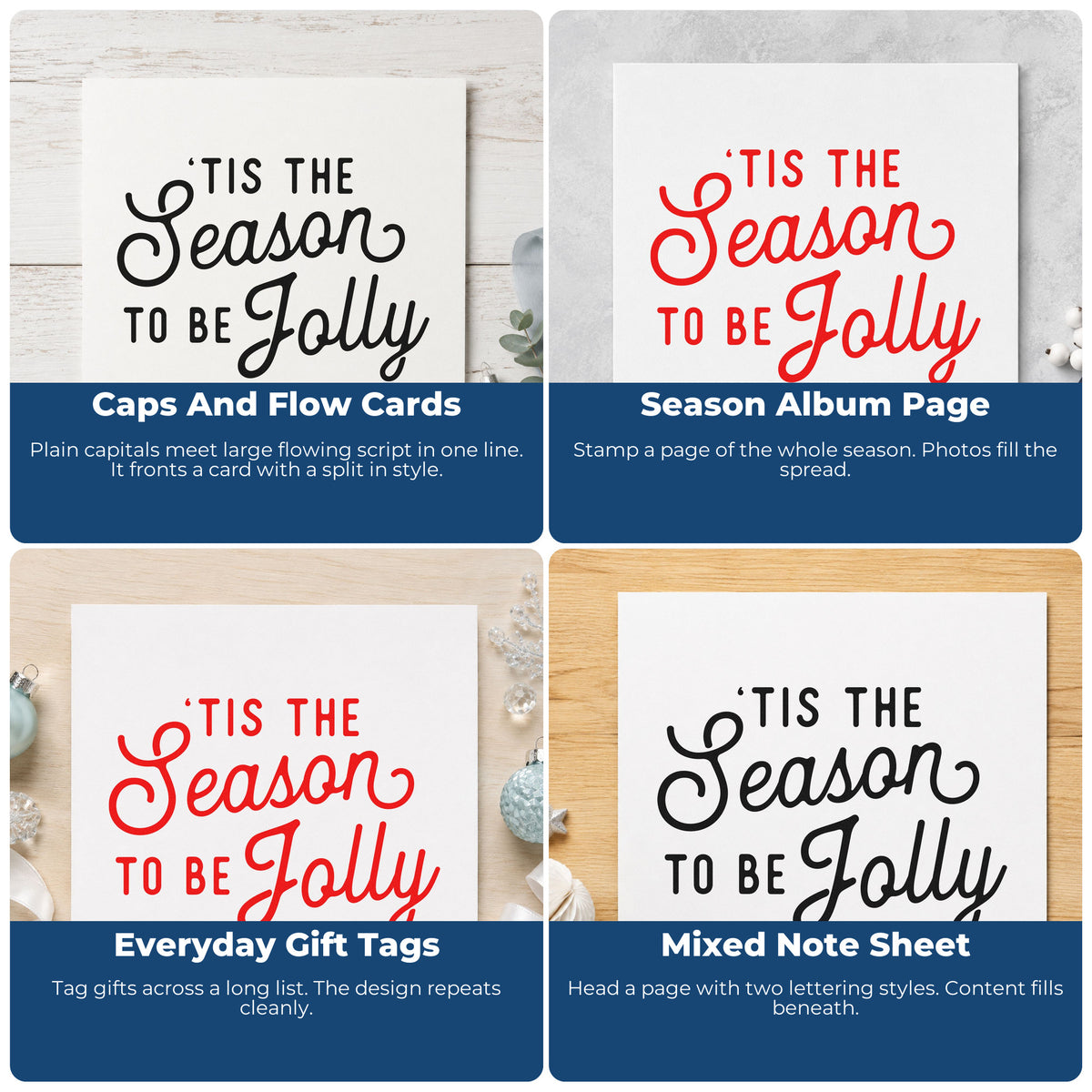 Four ways to use the Tis The Season Jolly Script Lettering Premium Wooden Stamp - Vintage Pro: caps and flow cards, season album page, everyday gift tags and mixed note sheet.
