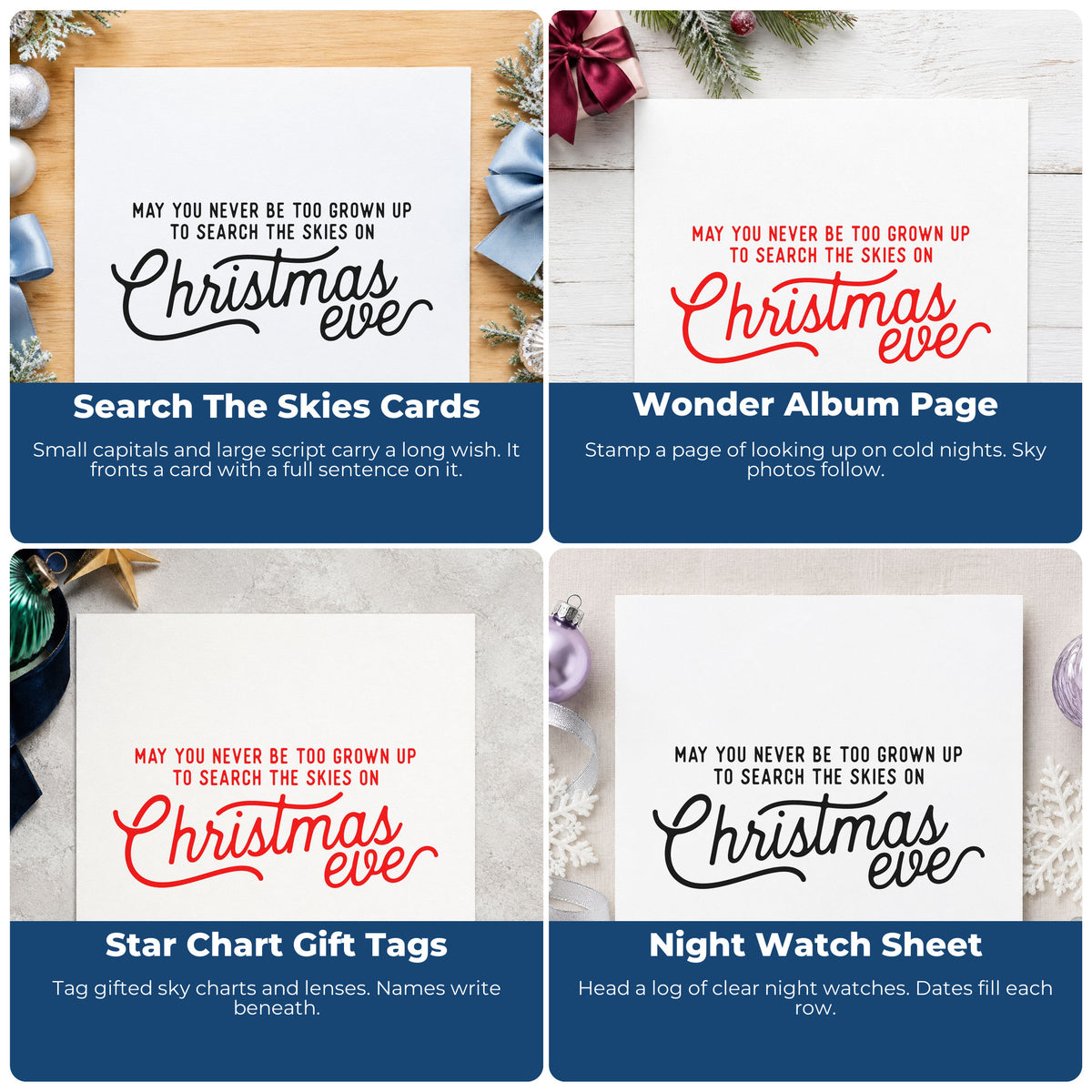 Four ways to use the Never Grown Up Christmas Eve Premium Wood-Mounted Stamp - Vintage Pro: search the skies cards, wonder album page, star chart gift tags and night watch sheet.