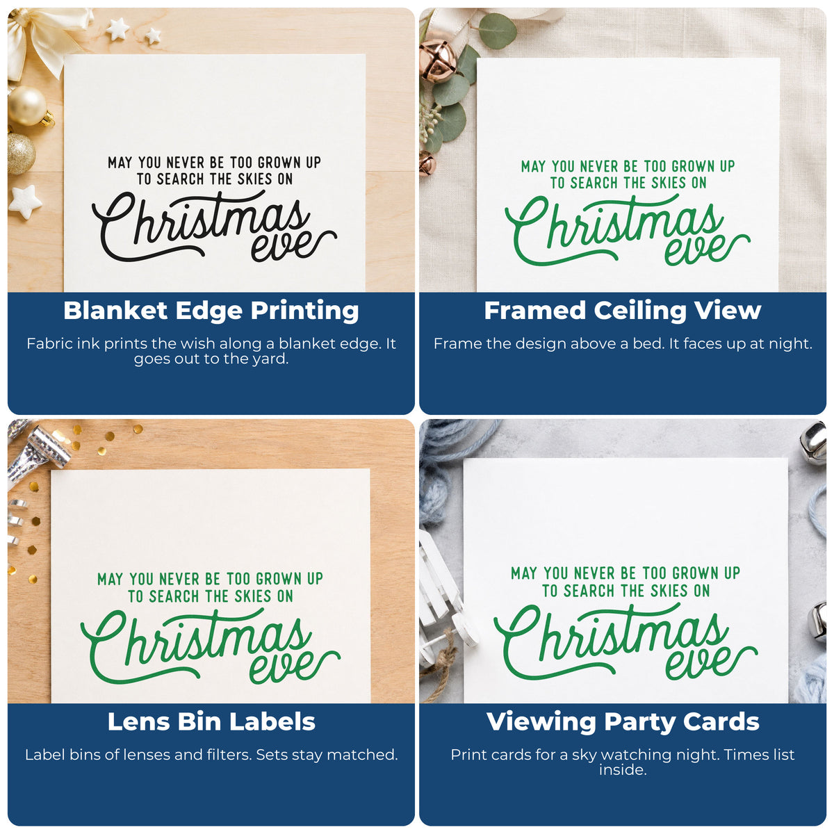 Four ways to use the Never Grown Up Christmas Eve Pre-Inked Stamp – Slim: blanket edge printing, framed ceiling view, lens bin labels and viewing party cards.