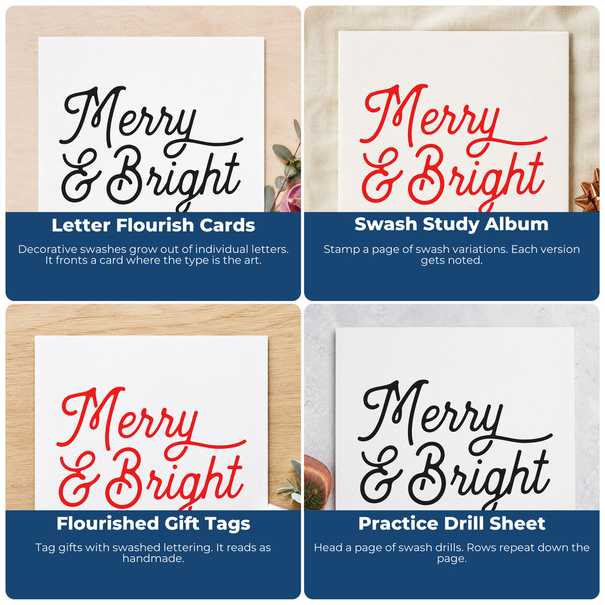 Four ways to use the Wood Handle Merry And Bright Script Rubber Stamp: letter flourish cards, swash study album, flourished gift tags and practice drill sheet.