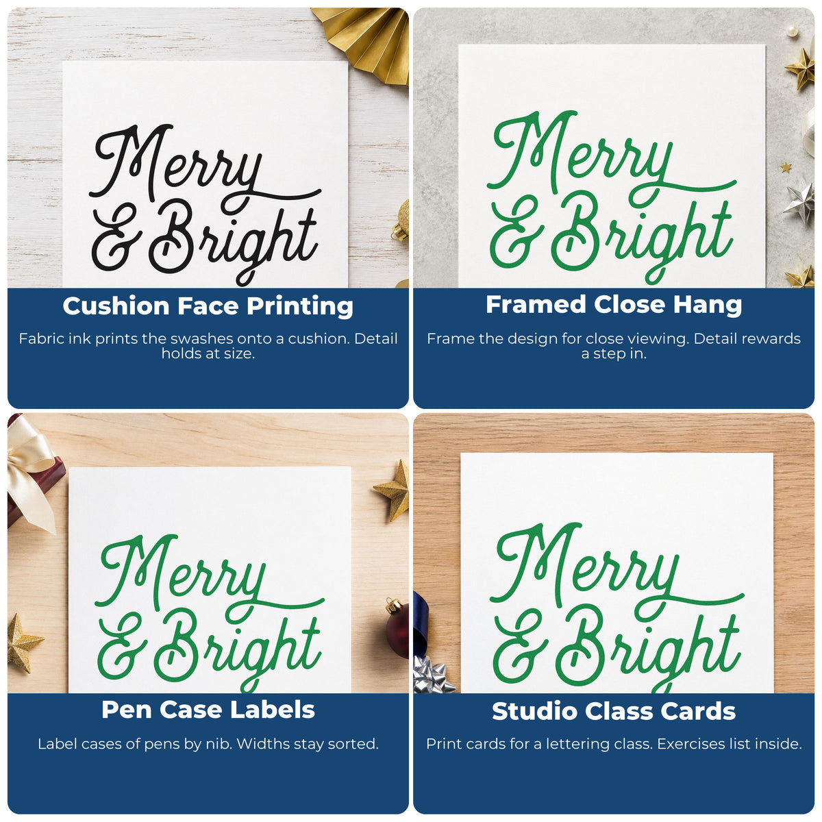 Four ways to use the Wood Handle Merry And Bright Script Rubber Stamp: cushion face printing, framed close hang, pen case labels and studio class cards.