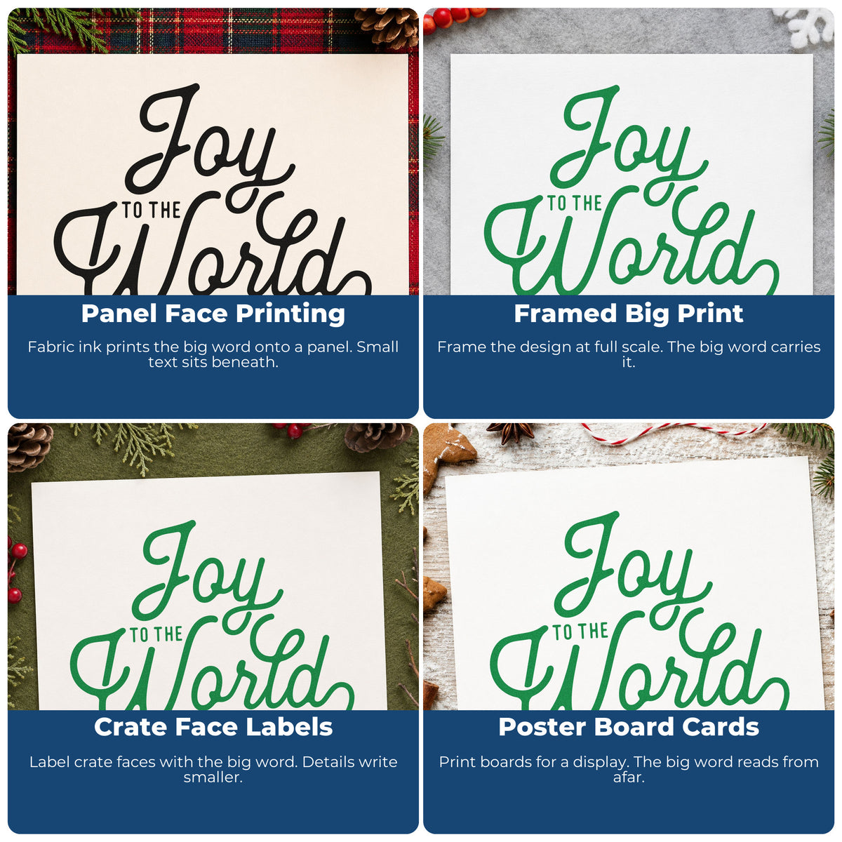 Four ways to use the Joy To The World Script Rubber Stamp – Wood Handle: panel face printing, framed big print, crate face labels and poster board cards.
