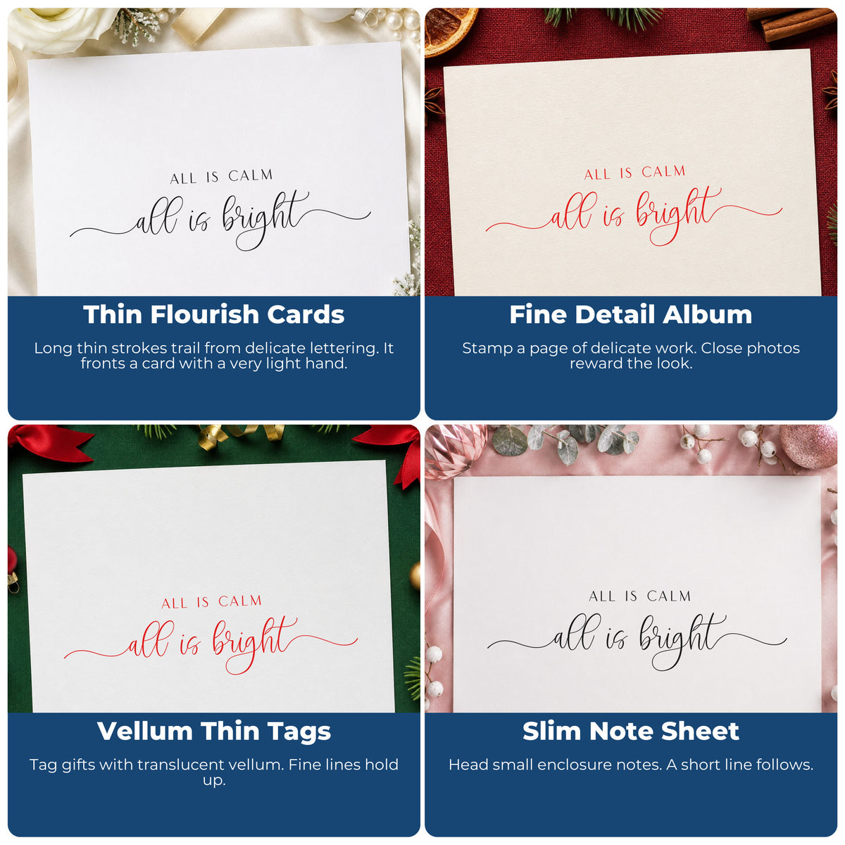 Four ways to use the All Calm Bright Fine Script Lettering Pre-Inked Stamp – PSI: thin flourish cards, fine detail album, vellum thin tags and slim note sheet.