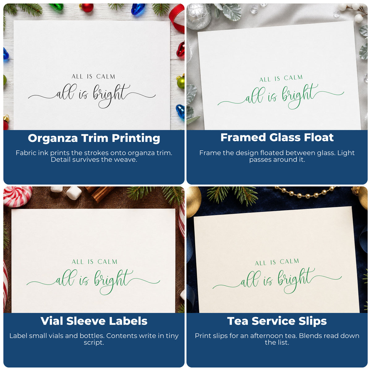 Four ways to use the All Calm Bright Fine Script Lettering Stamp - Premium Vintage Pro Wooden: organza trim printing, framed glass float, vial sleeve labels and tea service slips.