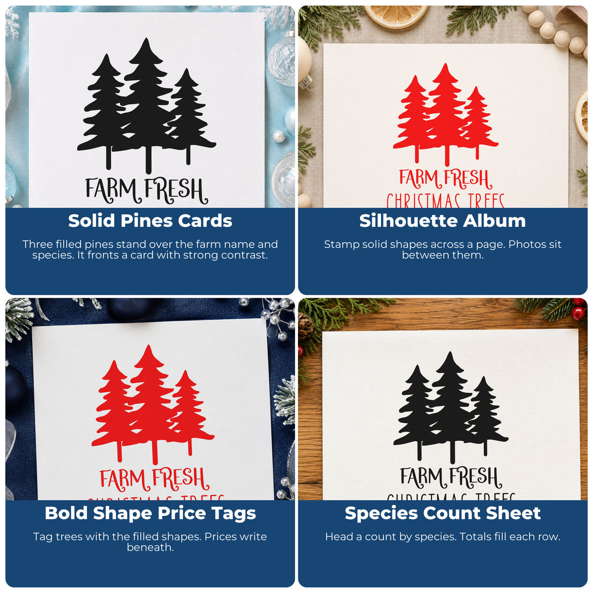 Four ways to use the Pre-Inked Farm Fresh Three Pine Trees Stamp – PSI: solid pines cards, silhouette album, bold shape price tags and species count sheet.