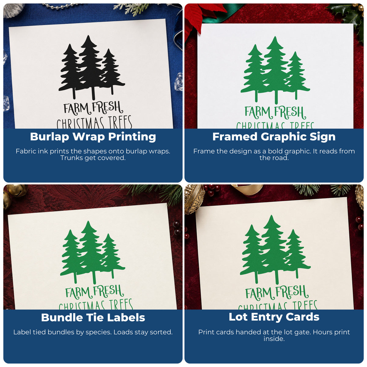Four ways to use the Farm Fresh Three Pine Trees Craft Stamp – Self-Inking: burlap wrap printing, framed graphic sign, bundle tie labels and lot entry cards.