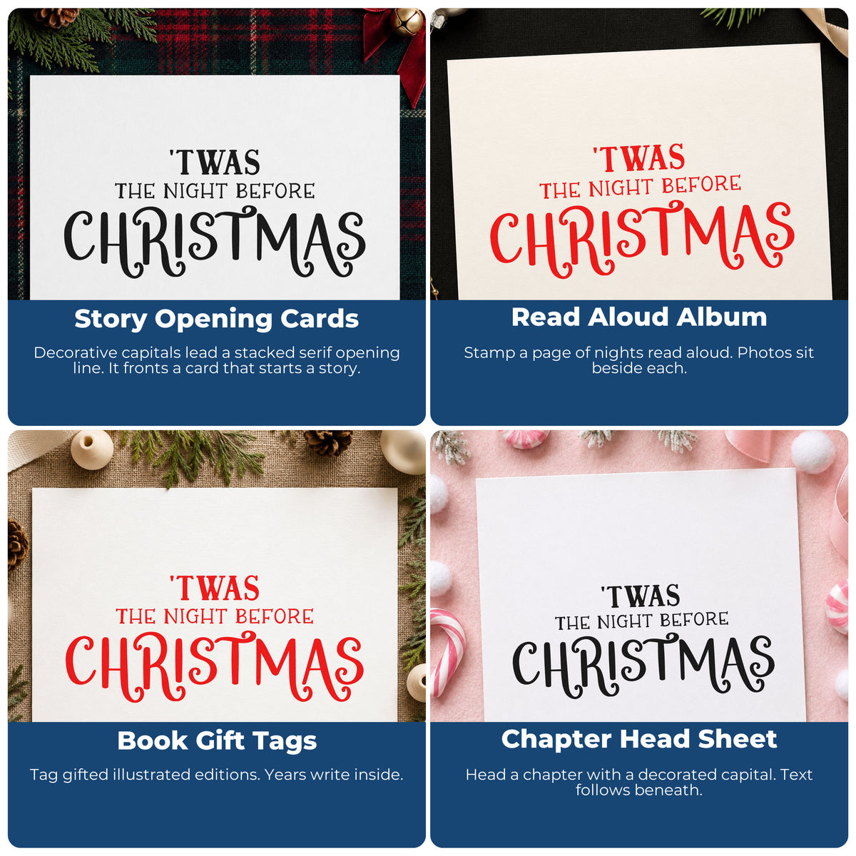 Four ways to use the 'Twas The Night Before Christmas Serif Lettering PSI Pre-Inked Stamp: story opening cards, read aloud album, book gift tags and chapter head sheet.