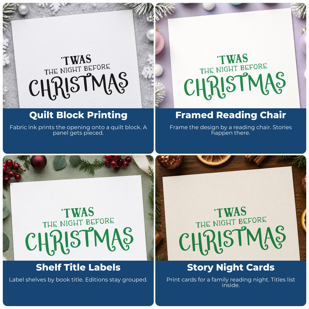 Four ways to use the 'Twas The Night Before Christmas Serif Lettering PSI Pre-Inked Stamp: quilt block printing, framed reading chair, shelf title labels and story night cards.