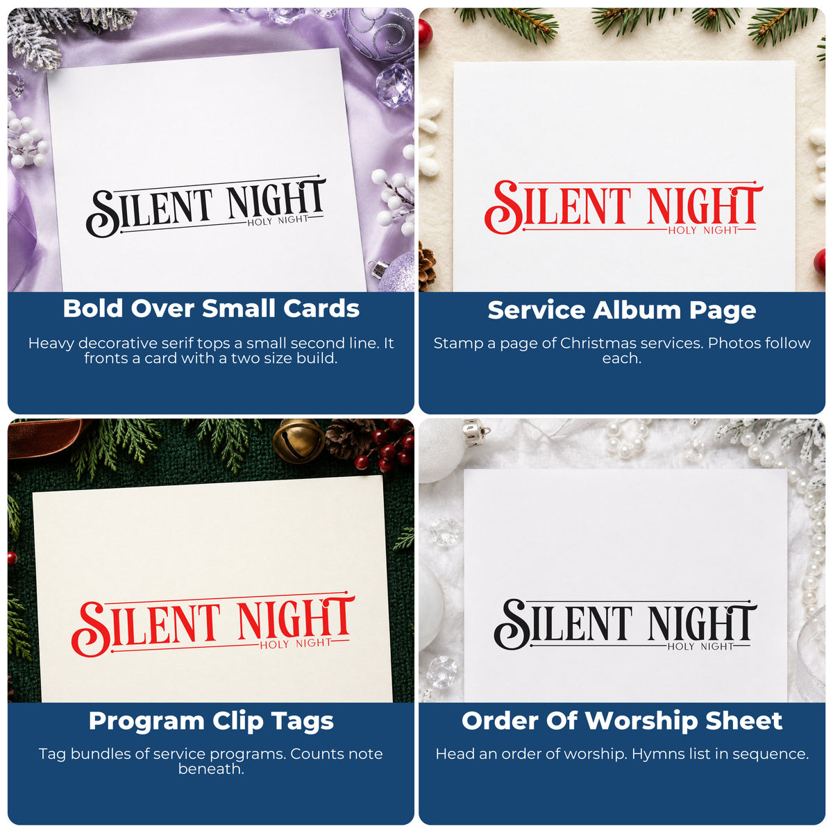 Four ways to use the PSI Pre-Inked Silent Night Holy Night Serif Lettering Stamp: bold over small cards, service album page, program clip tags and order of worship sheet.