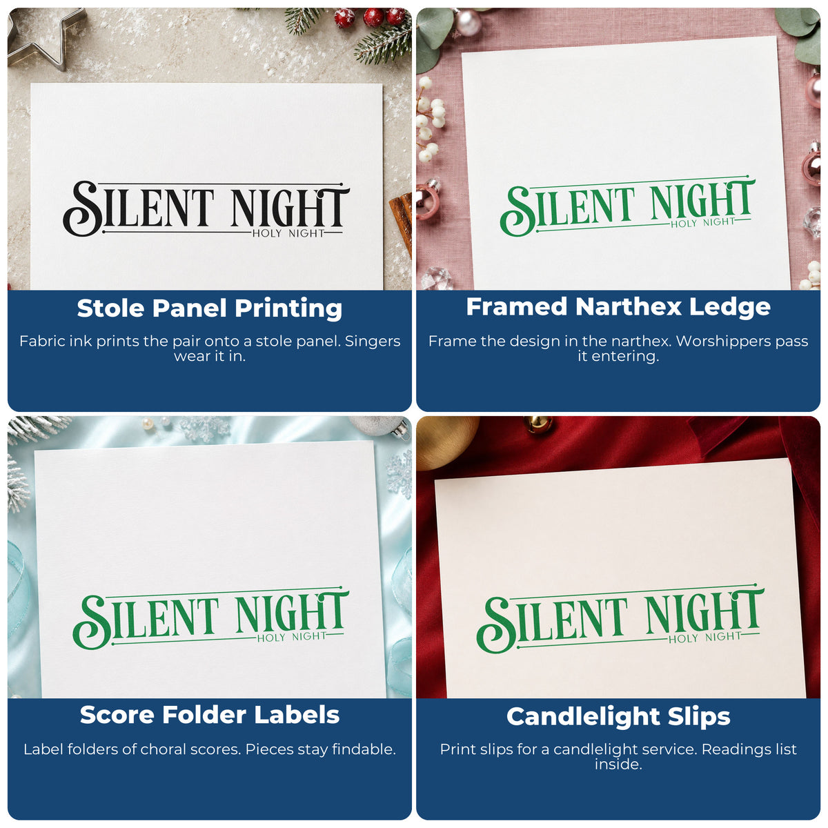 Four ways to use the PSI Pre-Inked Silent Night Holy Night Serif Lettering Stamp: stole panel printing, framed narthex ledge, score folder labels and candlelight slips.