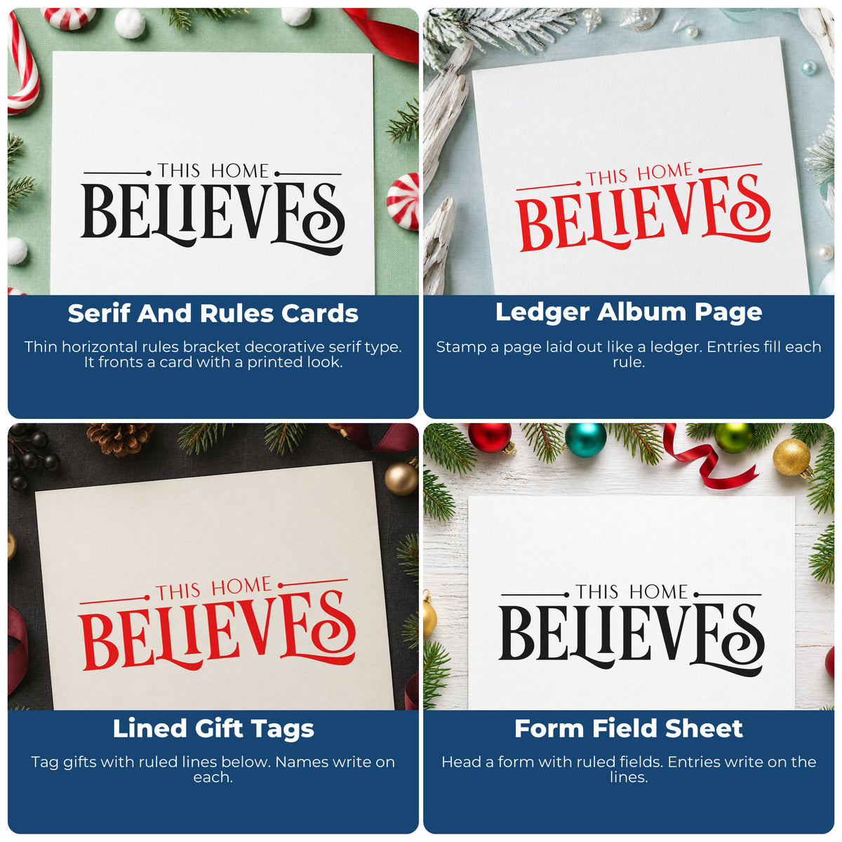Four ways to use the This Home Believes Serif Lettering Wood Handle Stamp: serif and rules cards, ledger album page, lined gift tags and form field sheet.