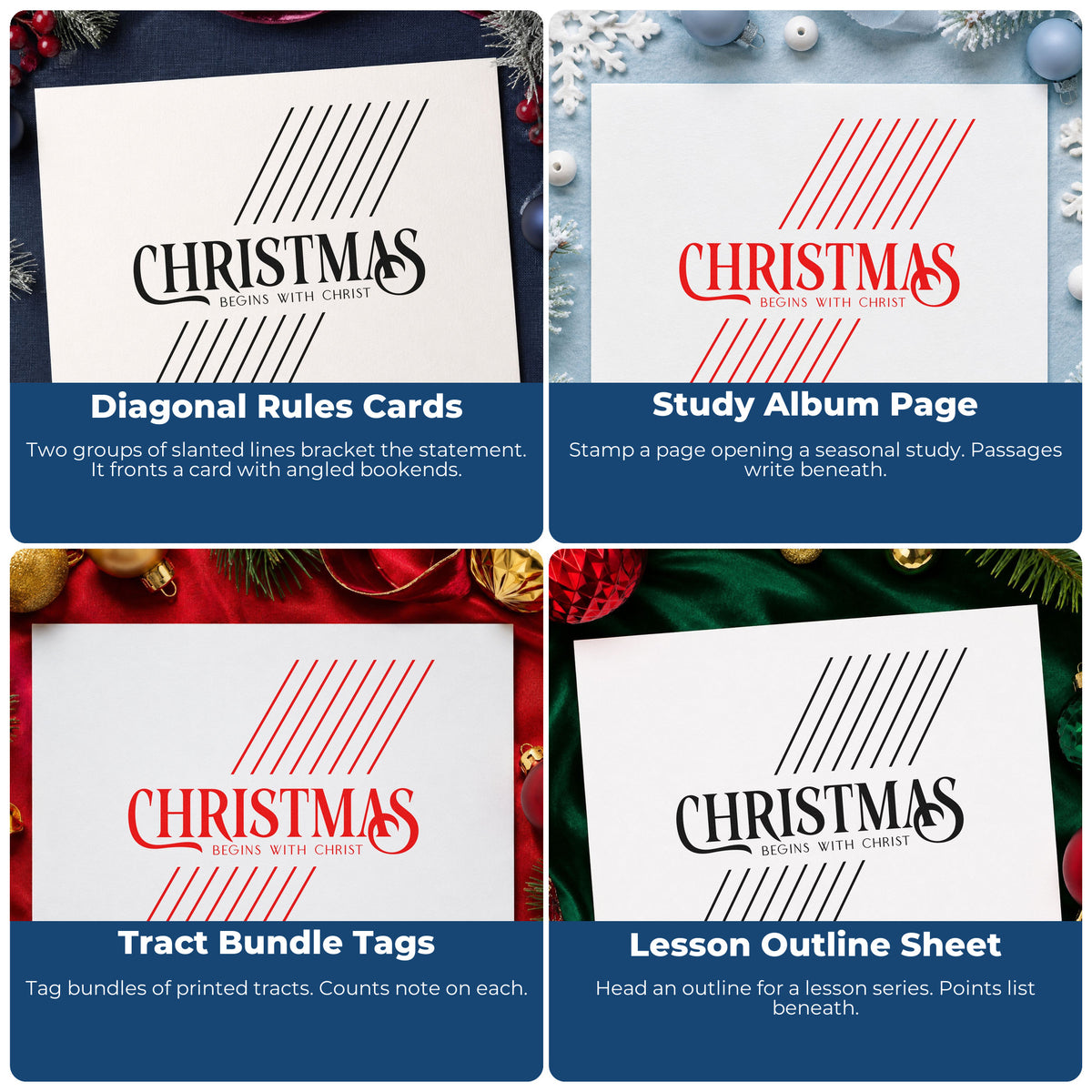 Four ways to use the Christmas Begins With Christ Lettering Rubber Stamp – Wood Handle: diagonal rules cards, study album page, tract bundle tags and lesson outline sheet.