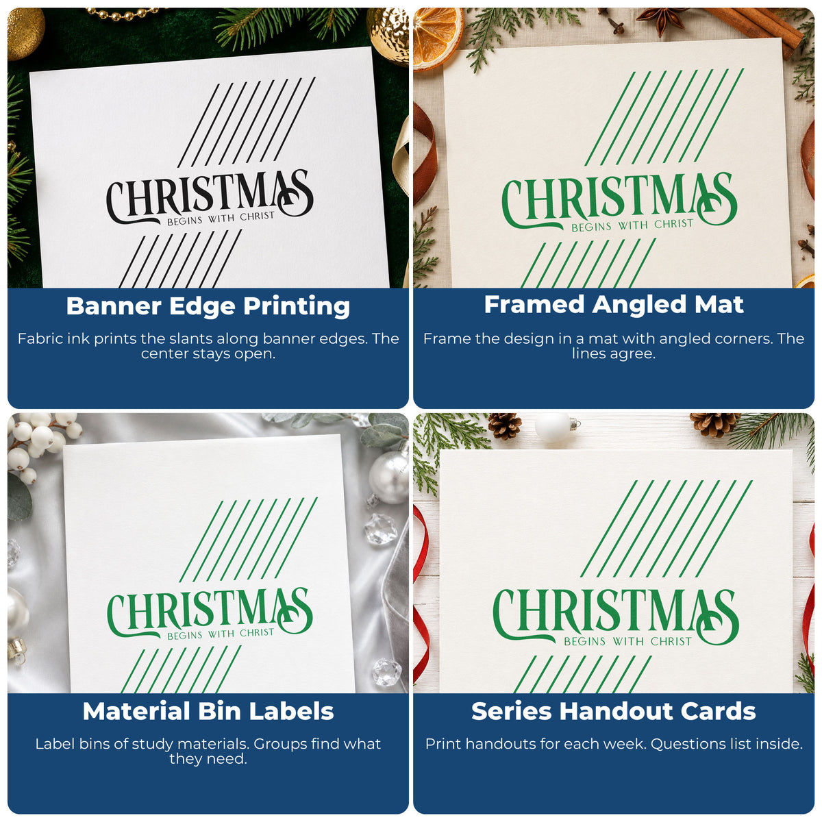 Four ways to use the Christmas Begins With Christ Lettering Rubber Stamp – Wood Handle: banner edge printing, framed angled mat, material bin labels and series handout cards.