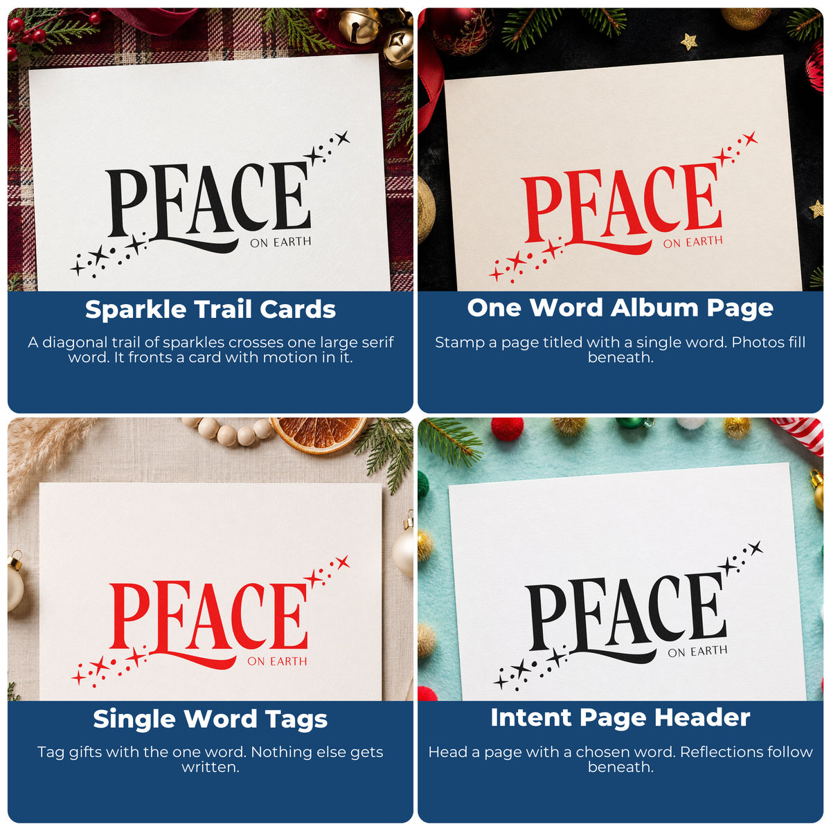 Four ways to use the Peace On Earth Sparkles Pre-Inked Stamp – Slim: sparkle trail cards, one word album page, single word tags and intent page header.