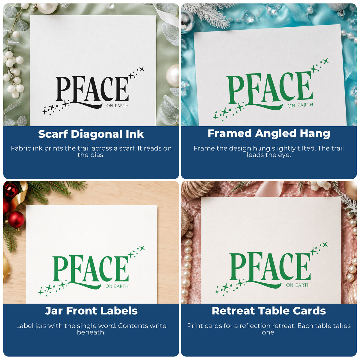Four ways to use the Wood Handle Peace On Earth Sparkles Rubber Stamp: scarf diagonal ink, framed angled hang, jar front labels and retreat table cards.