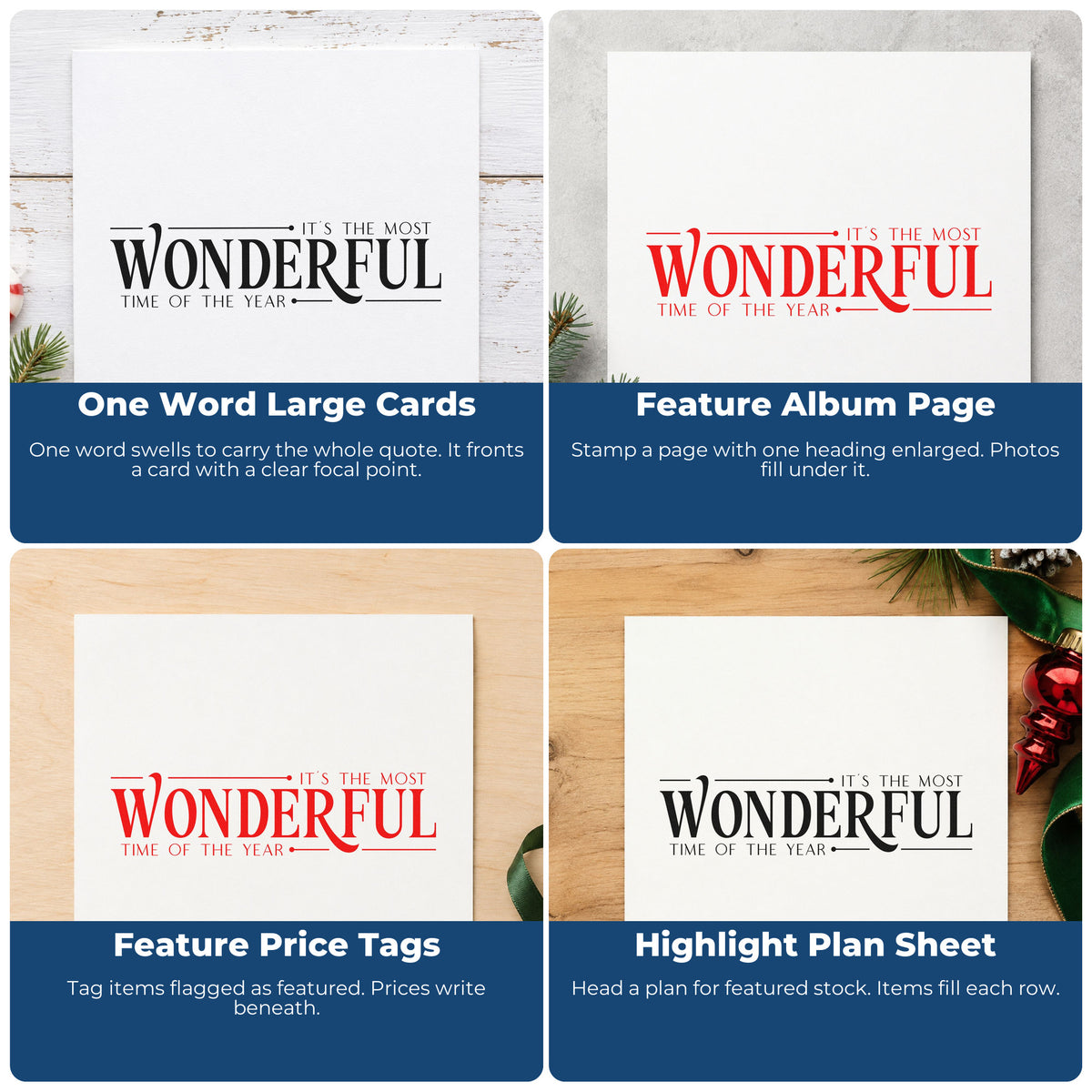 Four ways to use the Vintage Pro It's The Most Wonderful Time Of The Year Serif Lettering Premium Wooden Stamp: one word large cards, feature album page, feature price tags and highlight plan sheet.