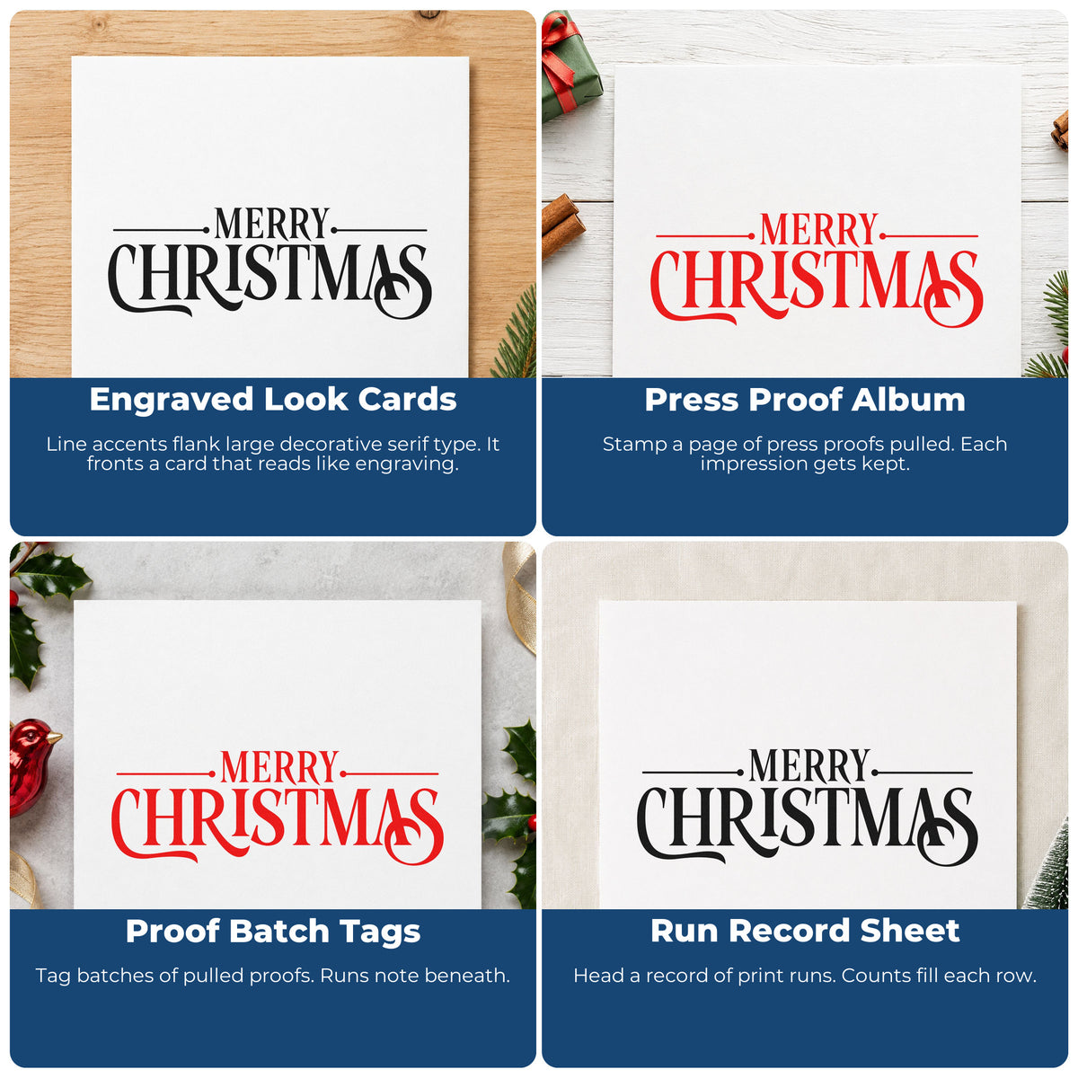 Four ways to use the Merry Christmas Slim Pre-Inked Stamp: engraved look cards, press proof album, proof batch tags and run record sheet.