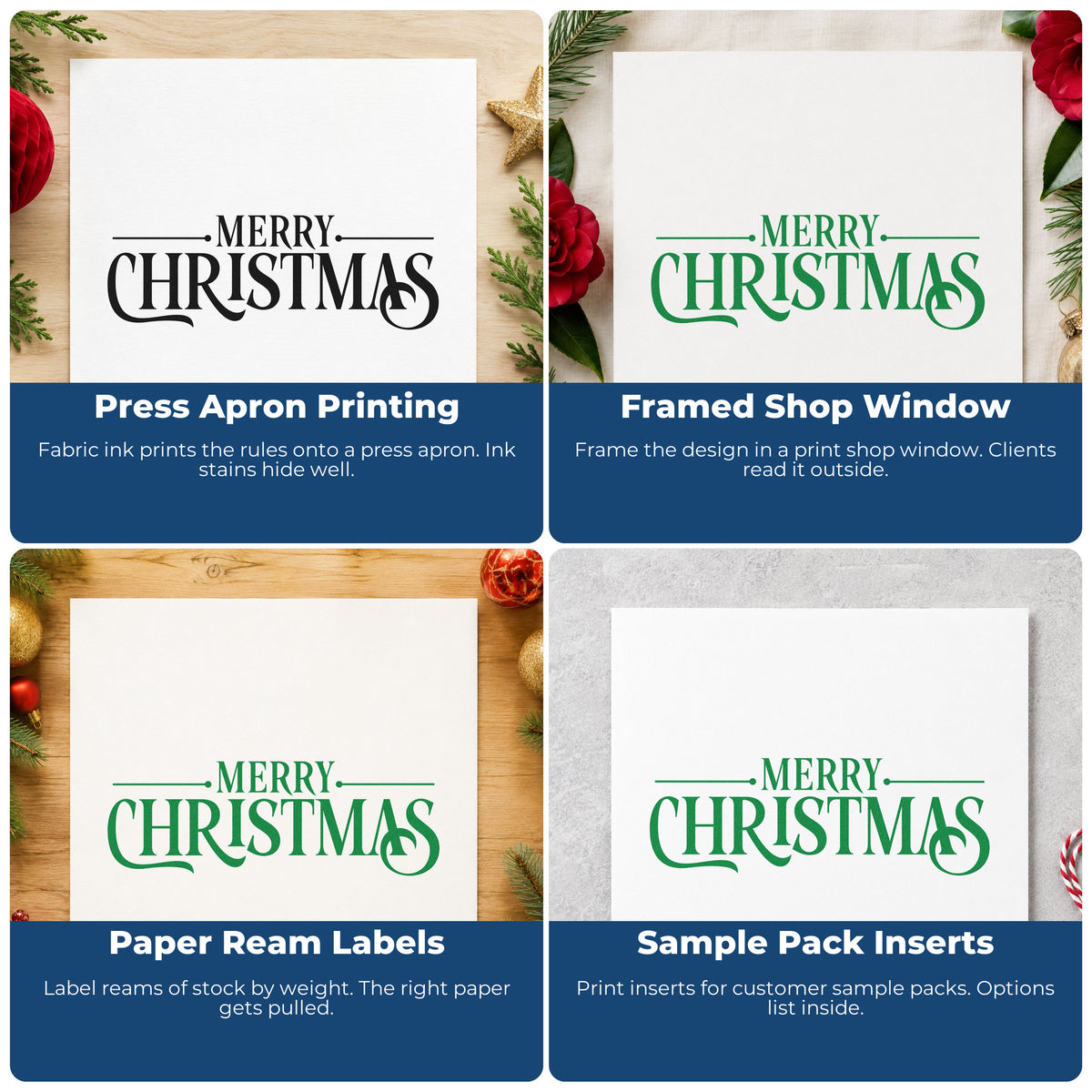 Four ways to use the Merry Christmas Pre-Inked Stamp – PSI: press apron printing, framed shop window, paper ream labels and sample pack inserts.