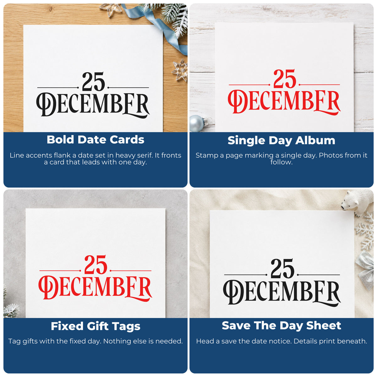 Four ways to use the Twenty Five December Lettering Wood-Mounted Rubber Stamp: bold date cards, single day album, fixed gift tags and save the day sheet.