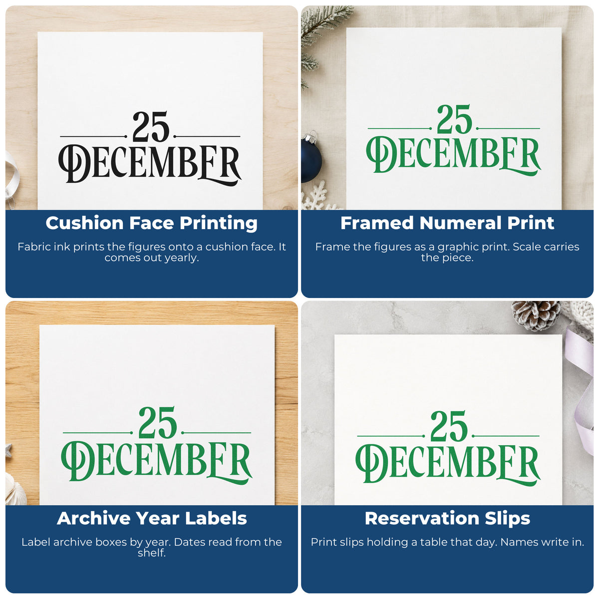 Four ways to use the Twenty Five December Lettering Wood-Mounted Rubber Stamp: cushion face printing, framed numeral print, archive year labels and reservation slips.