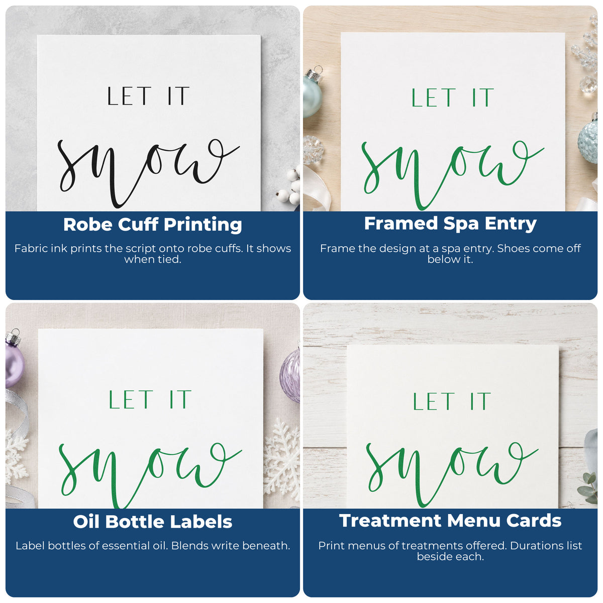 Four ways to use the Let It Snow Fine Script Lettering Slim Pre-Inked Stamp: robe cuff printing, framed spa entry, oil bottle labels and treatment menu cards.