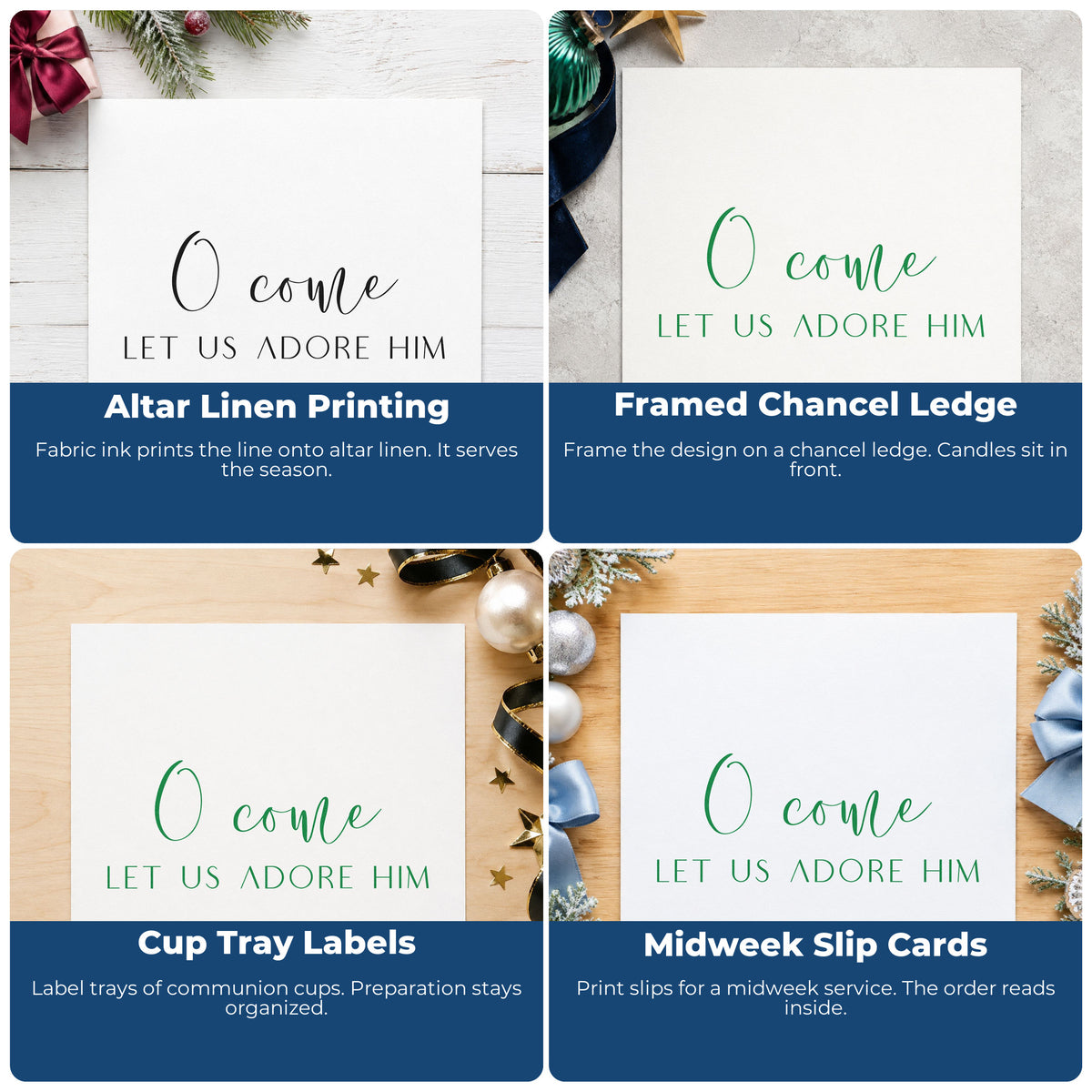 Four ways to use the O Come Let Us Adore Him Rubber Stamp – Duo Hand: altar linen printing, framed chancel ledge, cup tray labels and midweek slip cards.