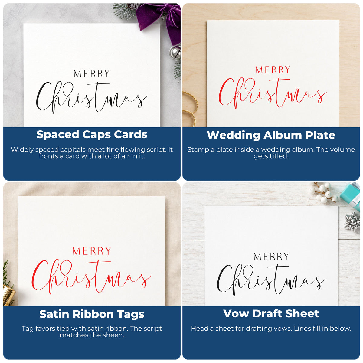 Four ways to use the Merry Christmas Fine Script Lettering Self-Inking Stamp: spaced caps cards, wedding album plate, satin ribbon tags and vow draft sheet.