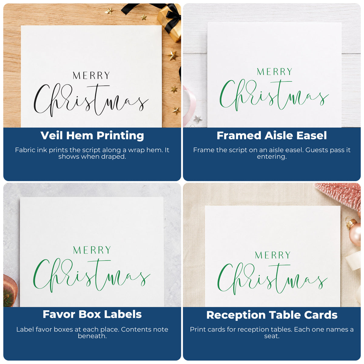 Four ways to use the Merry Christmas Fine Script Lettering Wood Handle Stamp: veil hem printing, framed aisle easel, favor box labels and reception table cards.