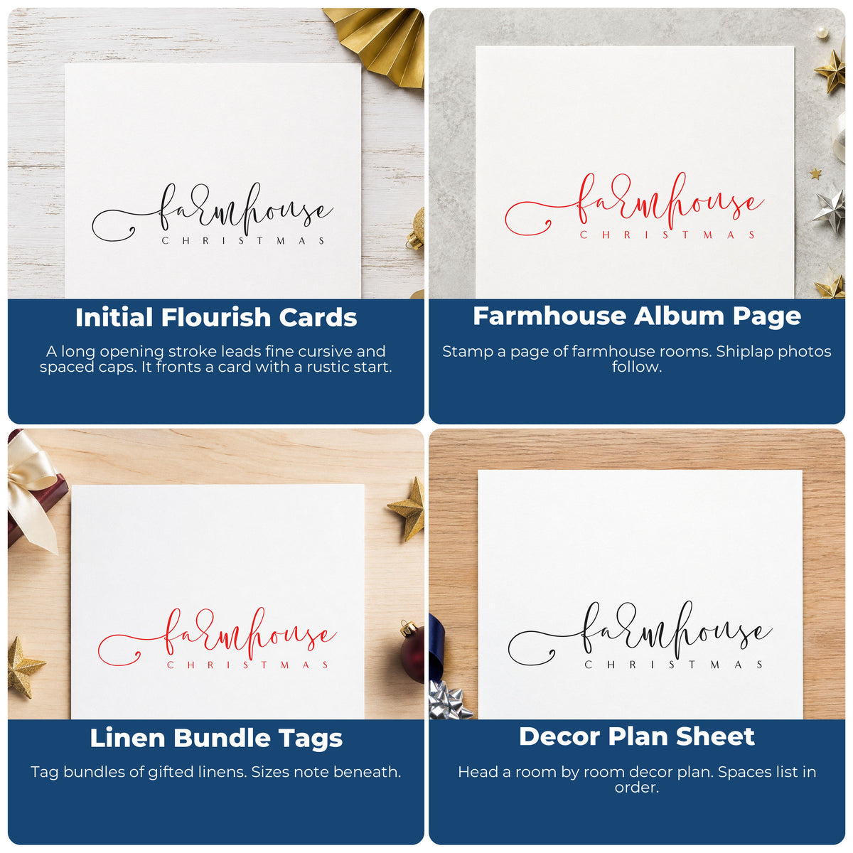Four ways to use the Farmhouse Christmas Fine Script PSI Pre-Inked Stamp: initial flourish cards, farmhouse album page, linen bundle tags and decor plan sheet.