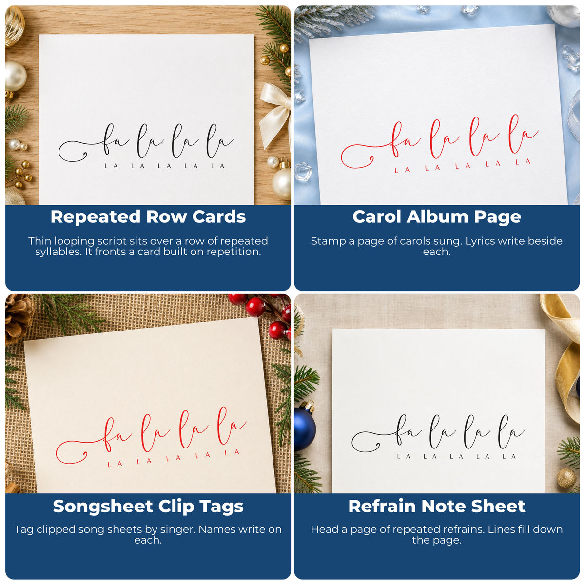 Four ways to use the Looping Fa La La With Small Lettering Slim Pre-Inked Stamp: repeated row cards, carol album page, songsheet clip tags and refrain note sheet.
