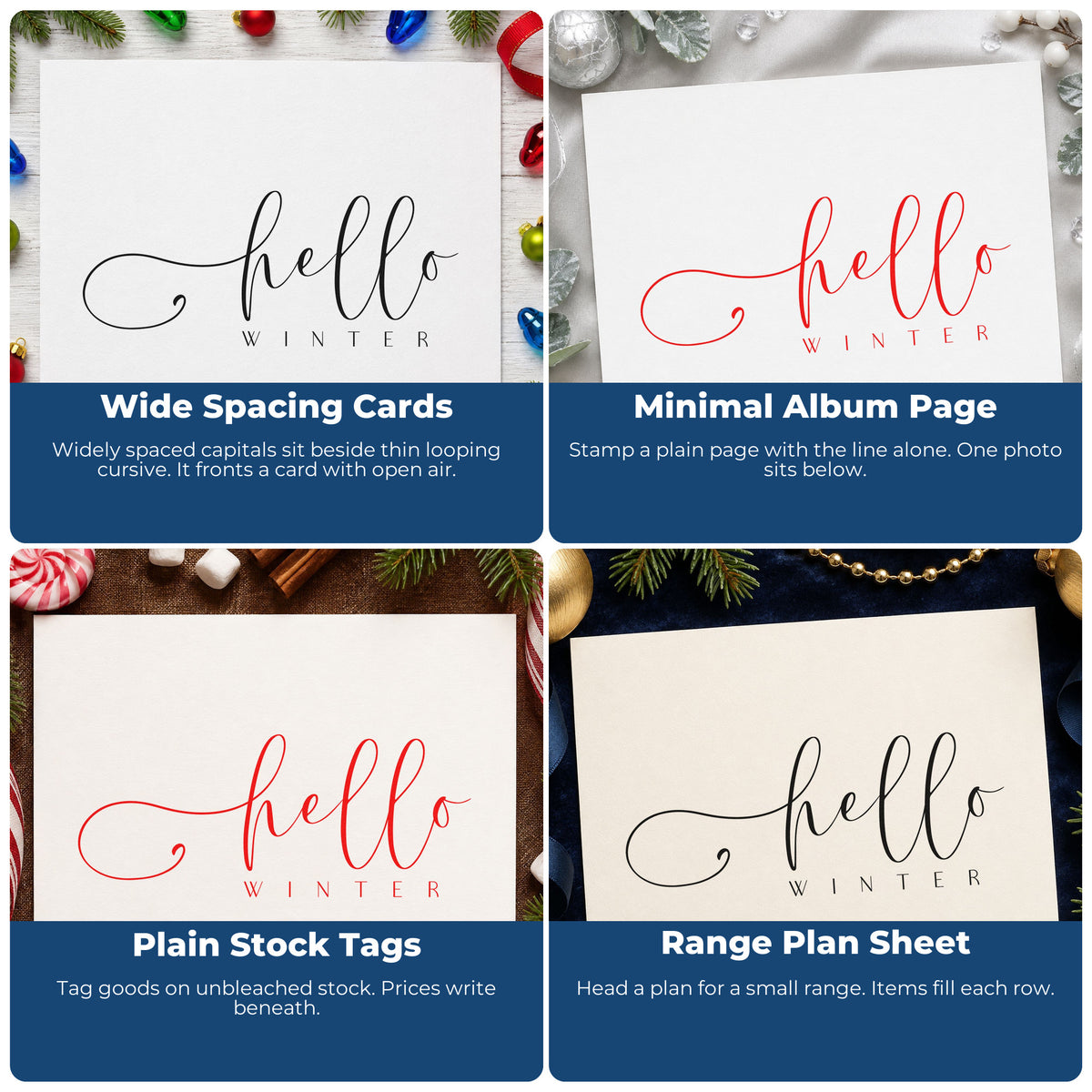 Four ways to use the Hello Winter Fine Script Lettering Stamp – Wood Handle: wide spacing cards, minimal album page, plain stock tags and range plan sheet.