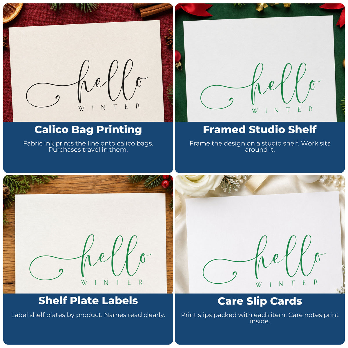 Four ways to use the Hello Winter Fine Script Lettering PSI Pre-Inked Stamp: calico bag printing, framed studio shelf, shelf plate labels and care slip cards.