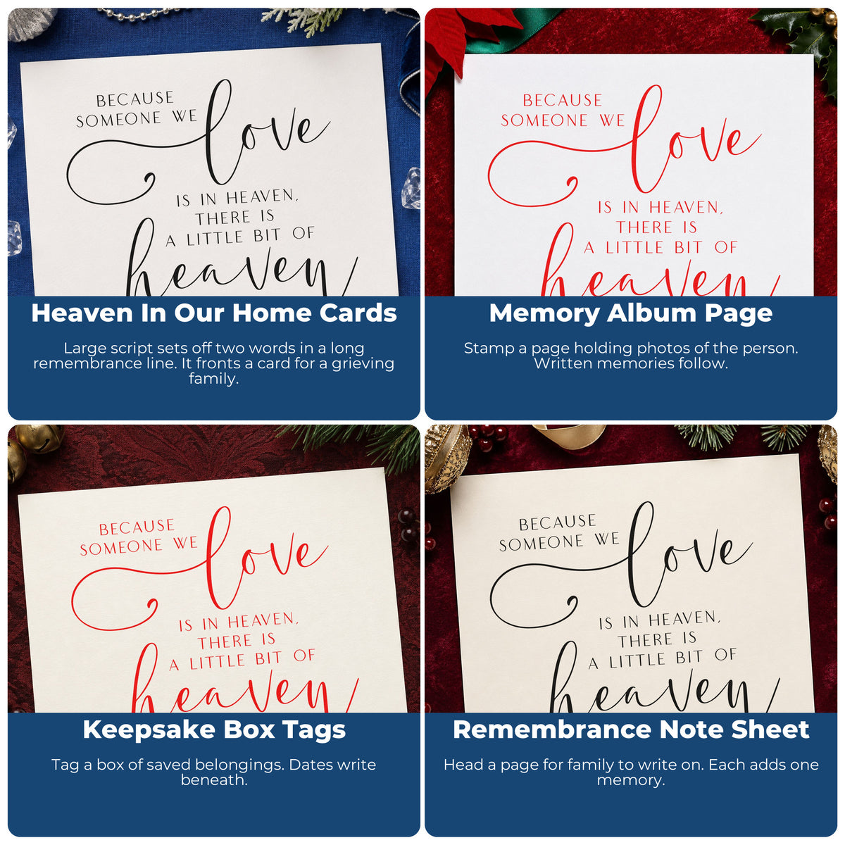 Four ways to use the Love In Heaven Home Quote Stamp – Self-Inking: heaven in our home cards, memory album page, keepsake box tags and remembrance note sheet.