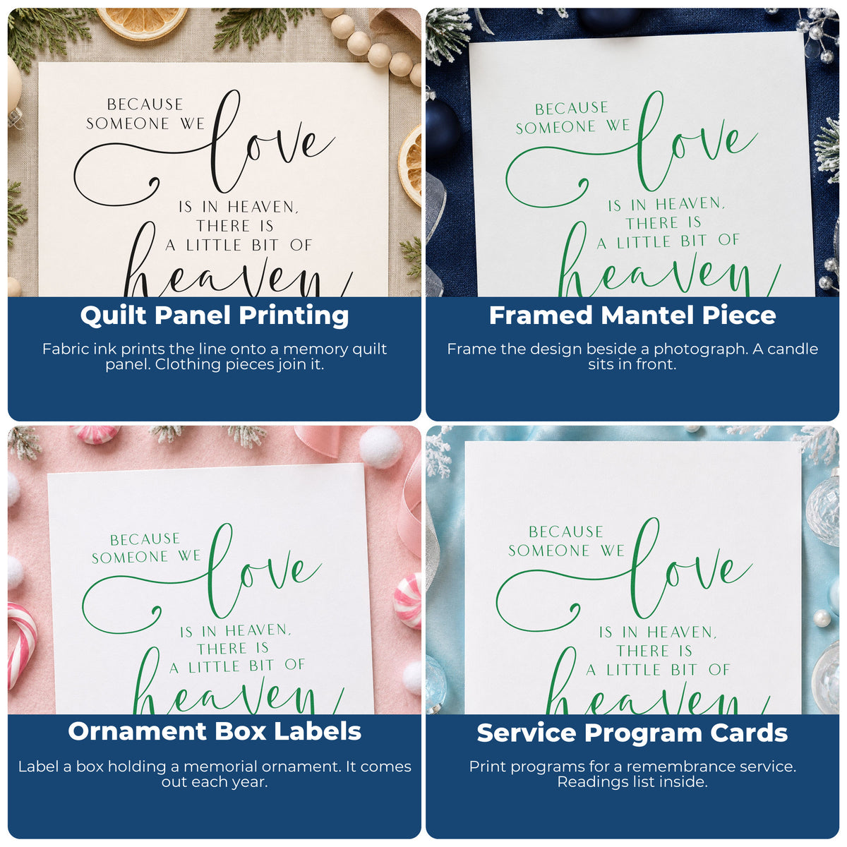 Four ways to use the Love In Heaven Home Quote Premium Wood-Mounted Stamp - Vintage Pro: quilt panel printing, framed mantel piece, ornament box labels and service program cards.