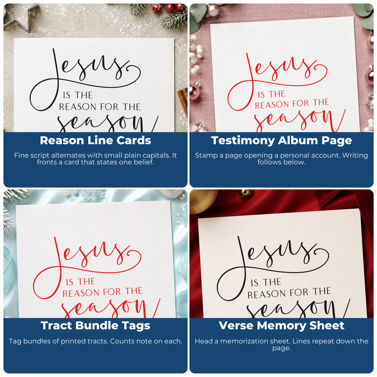 Four ways to use the Jesus Is The Reason For The Season Hand Stamp – Duo: reason line cards, testimony album page, tract bundle tags and verse memory sheet.