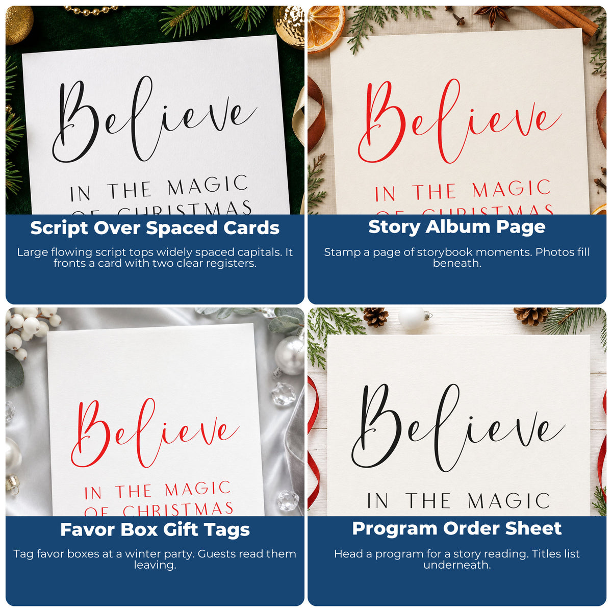 Four ways to use the Believe In The Magic Of Christmas Script Lettering Self-Inking Stamp: script over spaced cards, story album page, favor box gift tags and program order sheet.