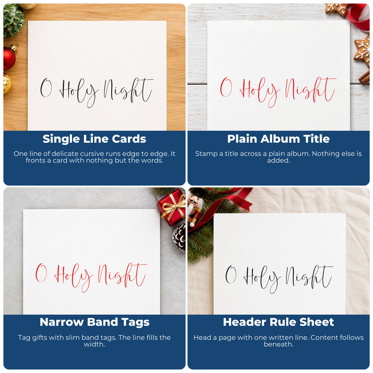 Four ways to use the O Holy Night Fine Script Lettering Self-Inking Stamp: single line cards, plain album title, narrow band tags and header rule sheet.