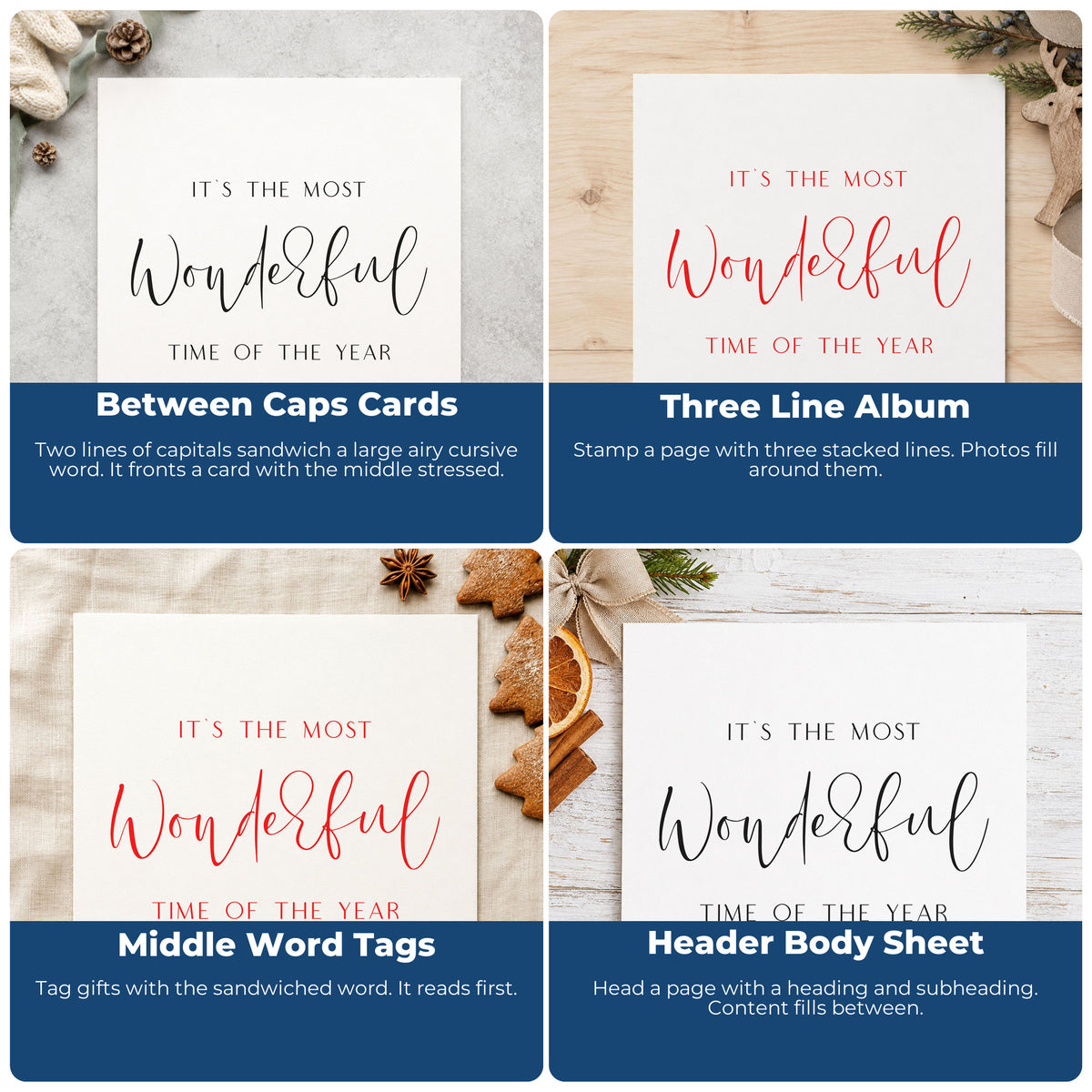 Four ways to use the PSI Pre-Inked Wonderful Time Of Year Script Stamp: between caps cards, three line album, middle word tags and header body sheet.
