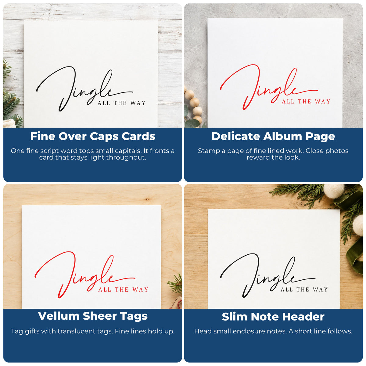 Four ways to use the Jingle All The Way Fine Script Lettering Pre-Inked Stamp – PSI: fine over caps cards, delicate album page, vellum sheer tags and slim note header.