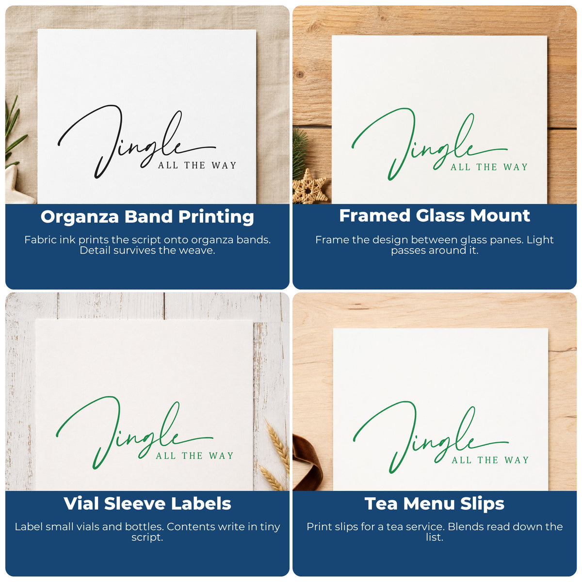 Four ways to use the Jingle All The Way Fine Script Lettering Rubber Stamp – Duo Hand: organza band printing, framed glass mount, vial sleeve labels and tea menu slips.