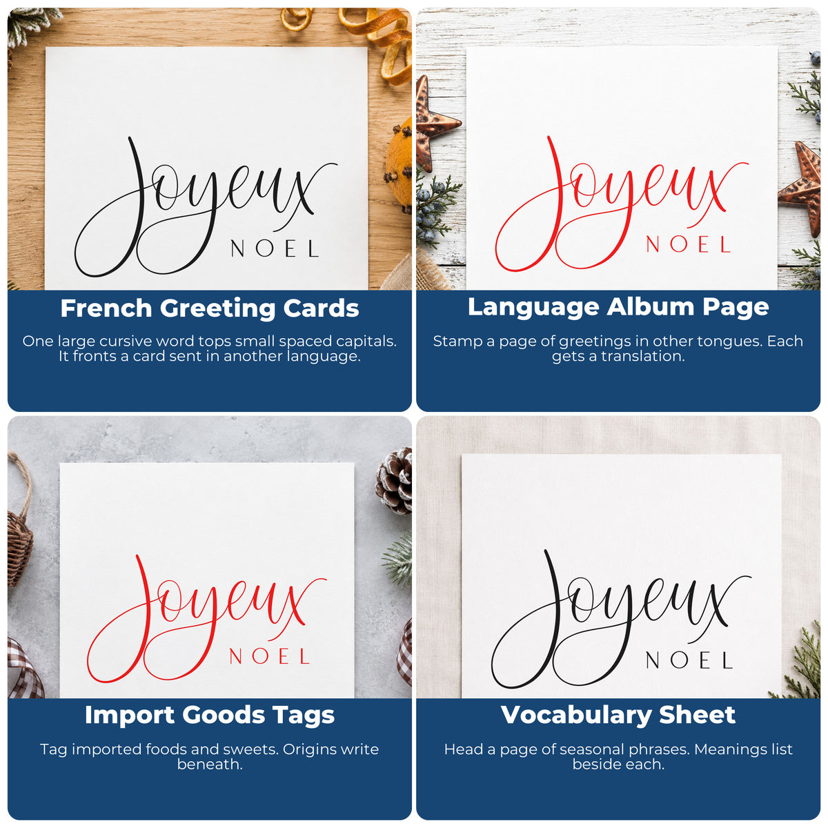 Four ways to use the Joyeux Noel Fine Script PSI Pre-Inked Stamp: french greeting cards, language album page, import goods tags and vocabulary sheet.