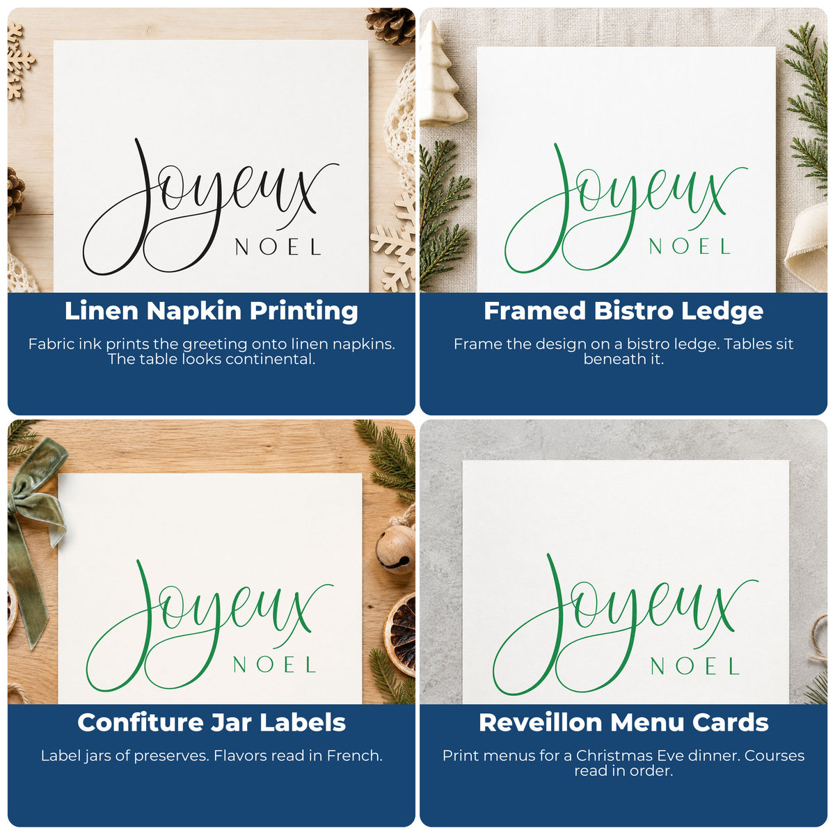 Four ways to use the Joyeux Noel Fine Script Wood-Mounted Rubber Stamp: linen napkin printing, framed bistro ledge, confiture jar labels and reveillon menu cards.
