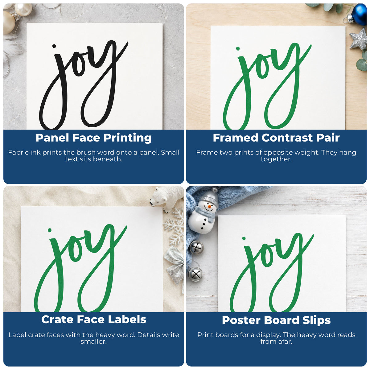 Four ways to use the Self-Inking Joy To The World Brush Script Lettering Stamp: panel face printing, framed contrast pair, crate face labels and poster board slips.