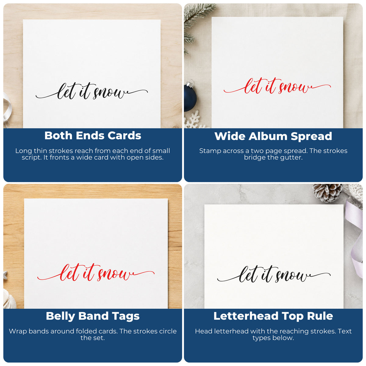 Four ways to use the Let It Snow Flourished Line PSI Pre-Inked Stamp: both ends cards, wide album spread, belly band tags and letterhead top rule.